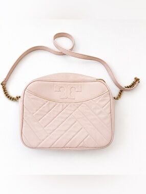Tory Burch Quilted Leather Crossbody Bag Cream Blush Gold Chain 11x8x3
